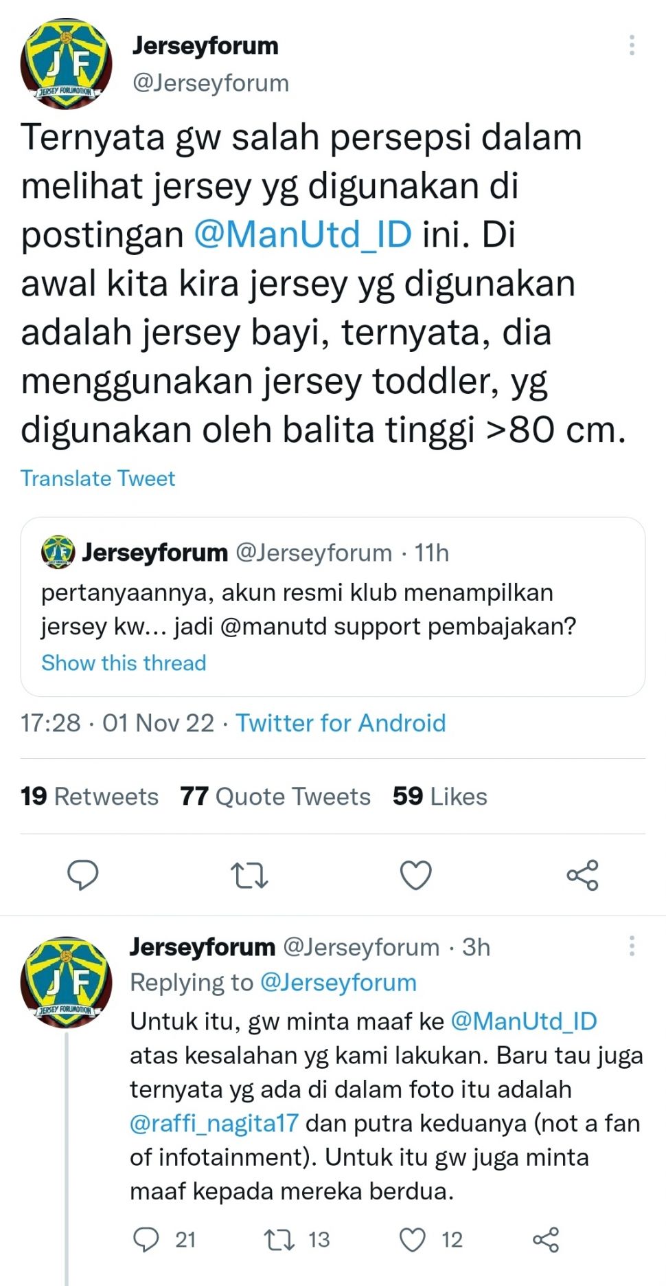 akun twitter tuduh Rayyanza Cipung pakai jersey palsu alias jersey KW. (Dok. Twitter/Jerseyforum)