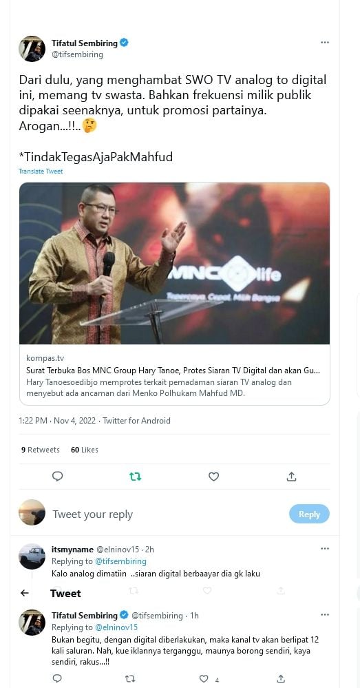 Mantan Menkominfo Tifatul Sembiring membalas kritik Hary Tanoesoedibjo terkait ASO. Tifatul mengatakan kritik tersebut sebagai arogan dan bentuk kerakusan. [Twitter/tifsembiring]