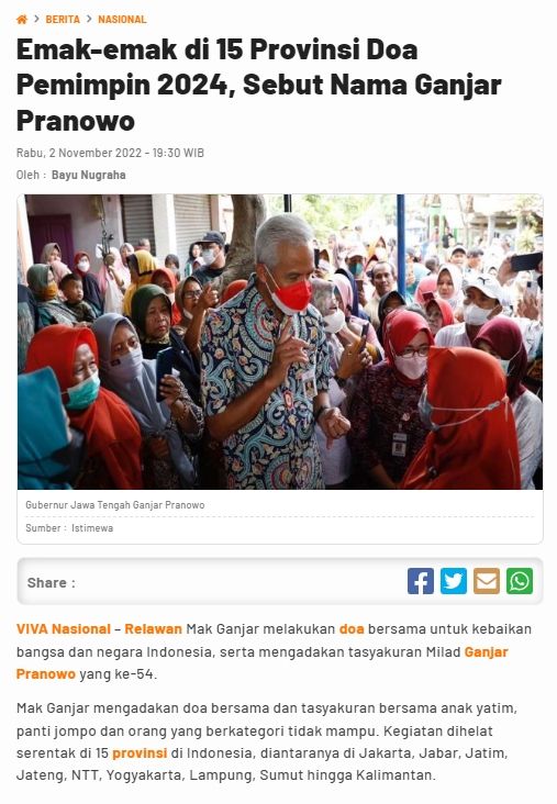 Tangkapan layar artikel soal Ganjar (viva.co.id)