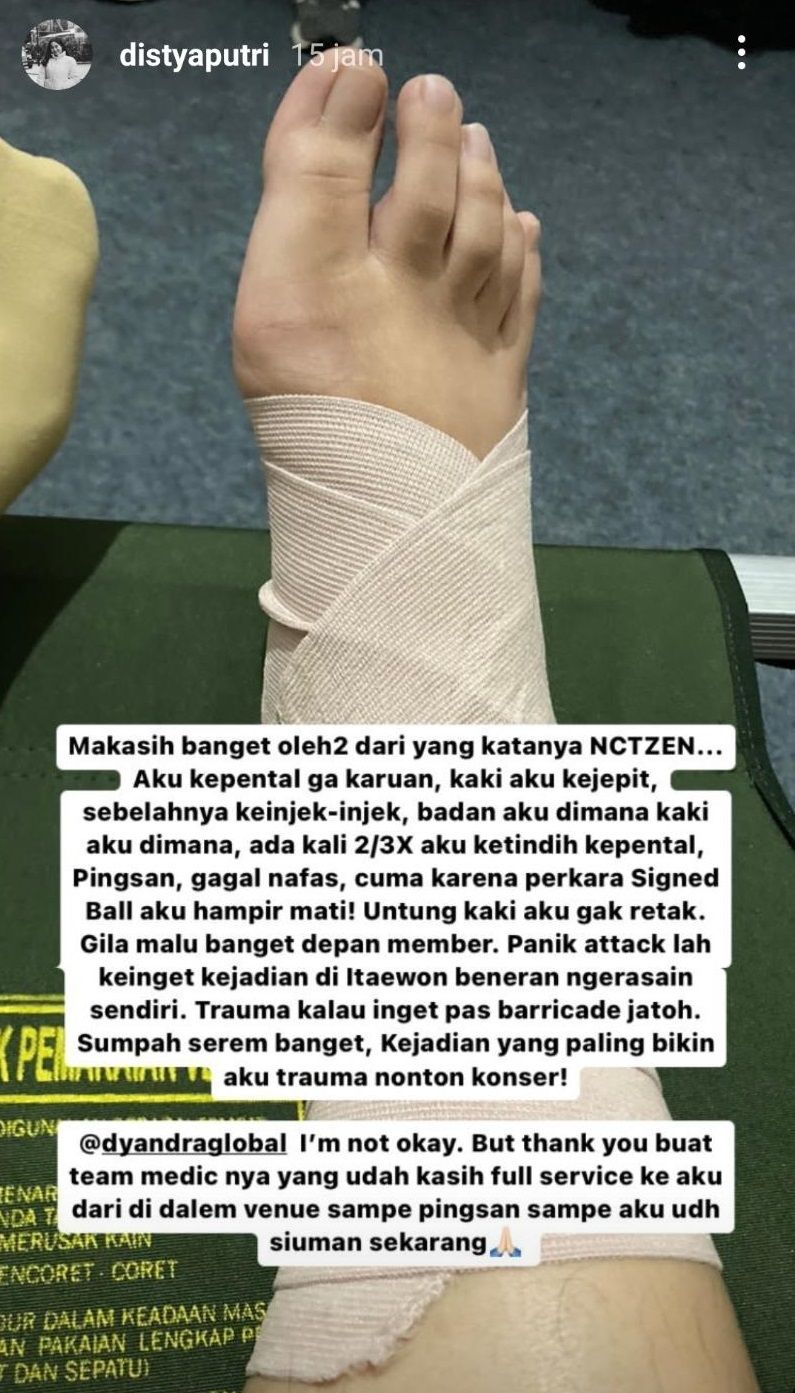 Seorang perempuan mengaku jadi korban di konser NCT 127 dan mengalami luka di bagian kaki. [Instagram]