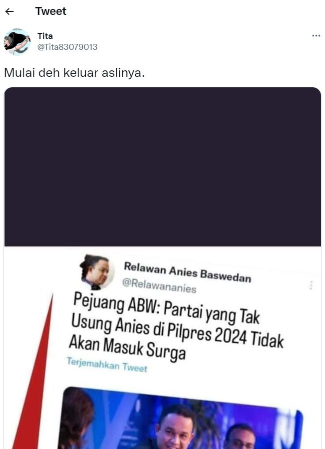 Tangkapan layar soal hoaks Pejuang ABW sebut parpol yang tak usung Anies tak akan masuk surga (Twitter/Tita83079013) 