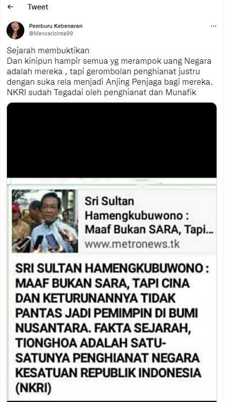 Tangkapan layar hoaks soal Sri Sultan HB X (turnbackhoax.id)