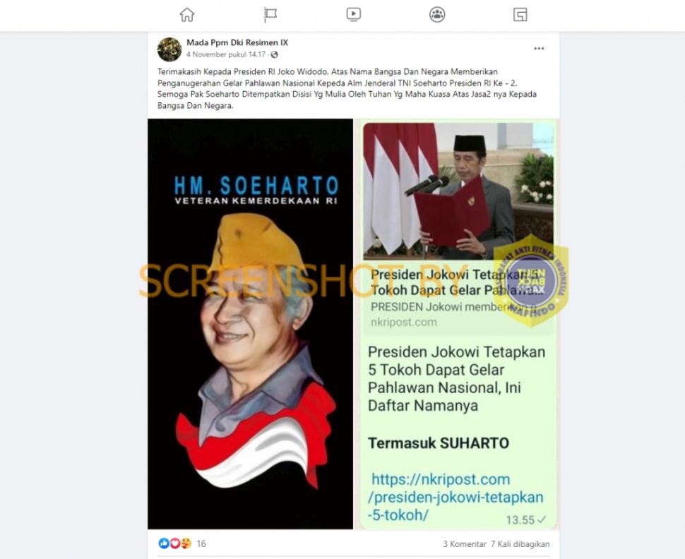 Unggahan yang mengklaim almarhum Soeharto dapat gelar dari Jokowi. (Turnbackhoax.id)