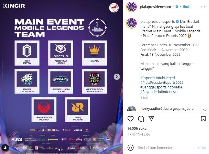 Jadwal Piala Presiden Esports hari ini, Rabu (9/11/2022). [Instagram]