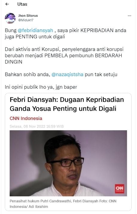 Tangkapan layar cuitan Jhon Sitorus (Twitter/ Miduk17)