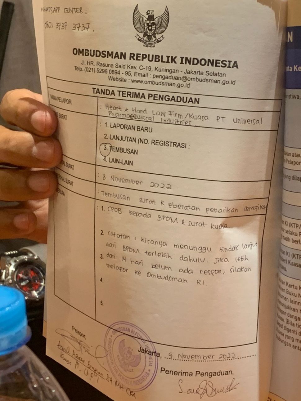 PT Universal Pharmaceutical Industries mengadukan Badan Pengawas Obat dan Makanan (BPOM) ke Ombudsman RI pada Rabu (9/11/2022). (ist)