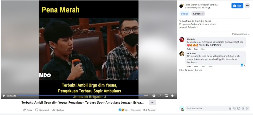 Tangkapan layar hoaks soal jenazah Brigadir J (Facebook/ Pena Merah)