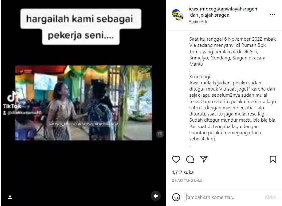 Tangkapan layar momen penyanyi campursari jadi korban pelecehan saat sedang ngejob (Instagram/ icws_infocegatanwilayahsragen)