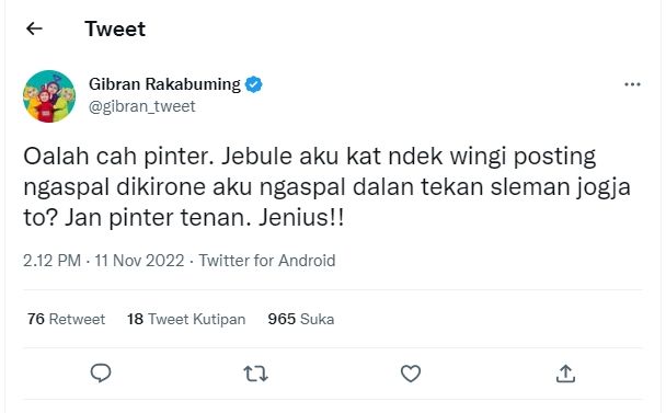 Cuitan Gibran soal pengaspalan jalan (Twitter/ gibran_tweet)