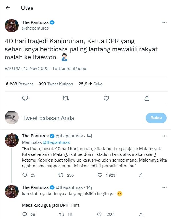 Tangkapan layar cuitan The Panturas soal Puan Maharani (Twitter/ @thepanturas)