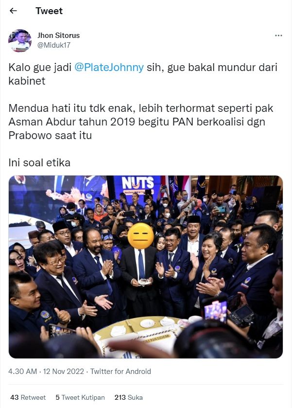 Cuitan John Sitorus soal Johnny G Plate (Twitter/ Miduk17)