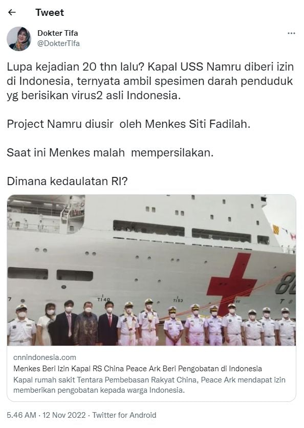 Cuitan Dokter Tifa soal kebijakan Menkes Budi Gunadi (Twitter/ DokterTifa)