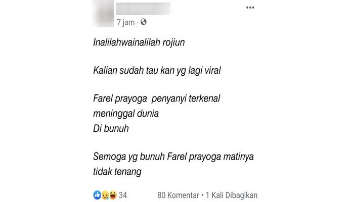 Klaim penyanyi Farel Prayoga meninggal dunia dibunuh. [Facebook]