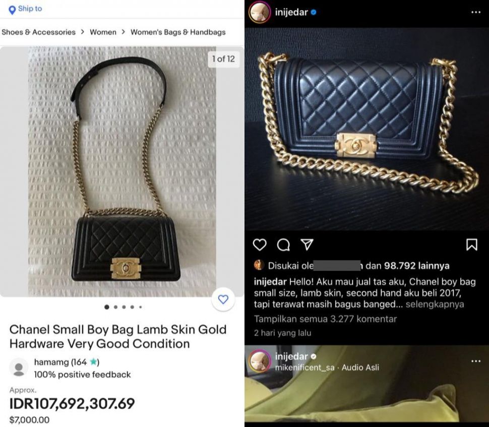 Jessica Iskandar jual tas Chanel Samll Boy Bag dari kulit domba (Kolase eBay dan Instagram Jessica Iskandar)