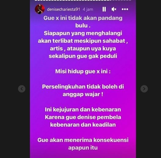 Denise Chariesta curhat di Instagram Story dan mengaku tidak takut dengan artis manapun, termasuk Uya Kuya. 