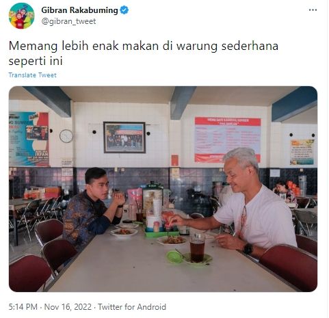 Cuitan Gibran Rakabuming Raka dan Ganjar Pranowo makan bersama (Twitter/gibran_tweet)