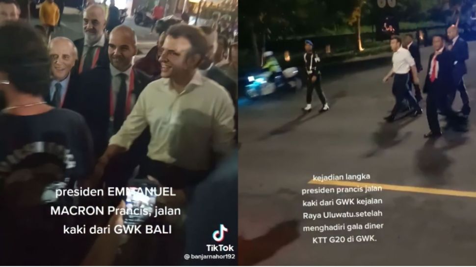 Presiden Perancis Emmanuel Macron berjalan kaki di sekitar GWK, Bali (TikTok/@banjarnahor192, @suryadana136)