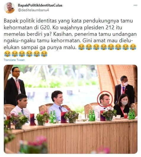 Unggahan yang mengklaim Anies berdiri bak ajudan dan menjadi penerima tamu undangan G20. (Twitter/deditelaumbanu4)