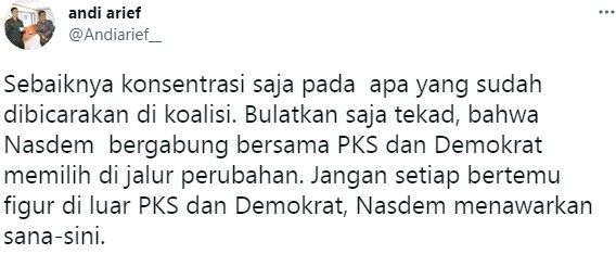 Cuitan Andi Arief mengkritik NasDem soal Cawapres Anies Baswedan. [Twitter @andiarief_]