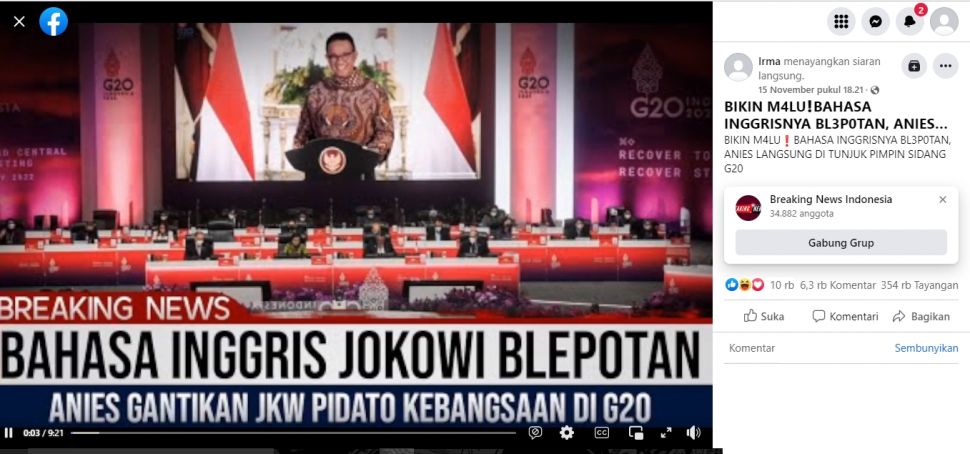 Unggahan yang klaim Jokowi digantikan Anies untuk pidato KTT G20. (Facebook/Irma)