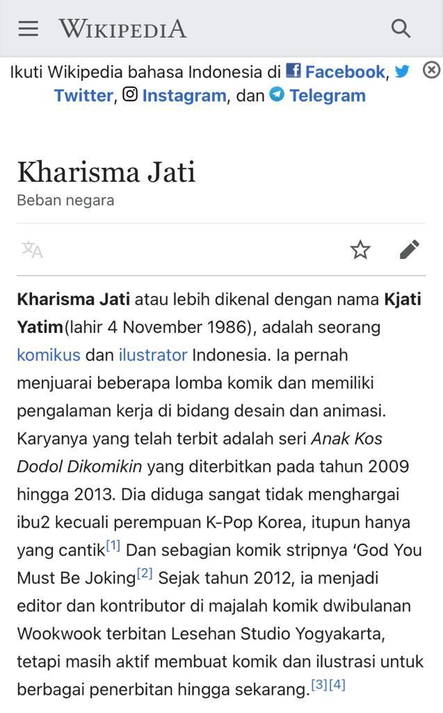 Wikipedia Kharisma Jati berubah (tangkapan layar)