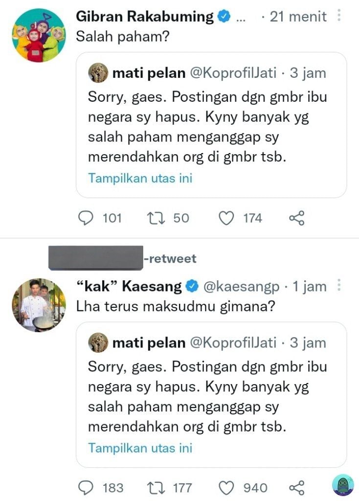 Cuitan Gibran dan Kaesang merespons akun @KoprofilJati di Twitter (bidik layar)