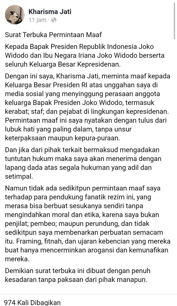 Permintaan Maaf Kharisma Jati (Facebook/KharismaJati)