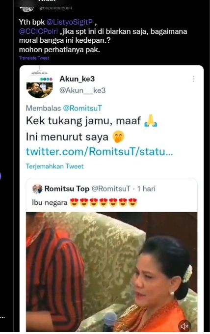 Iriana Jokowi dihina lagi. (bidik layar twitter)