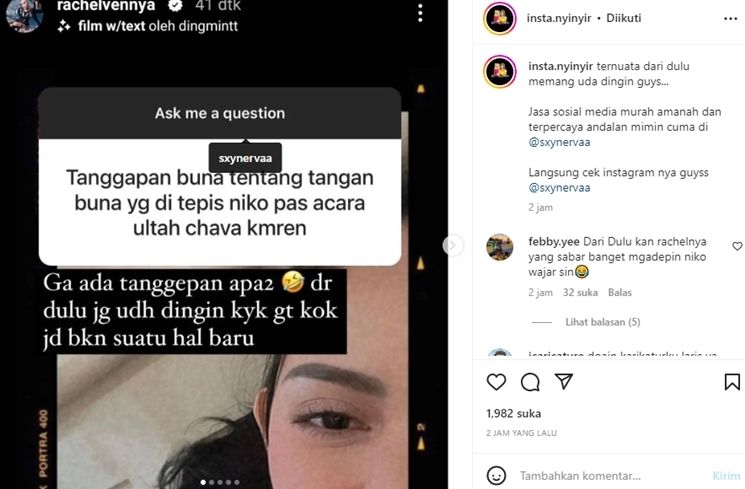 Rachel Vennya menanggapi pertanyaan warganet soal sikap mantan suami, Okin yang dianggap menepis tangannya saat hendak mencium tangan. [Instagram]