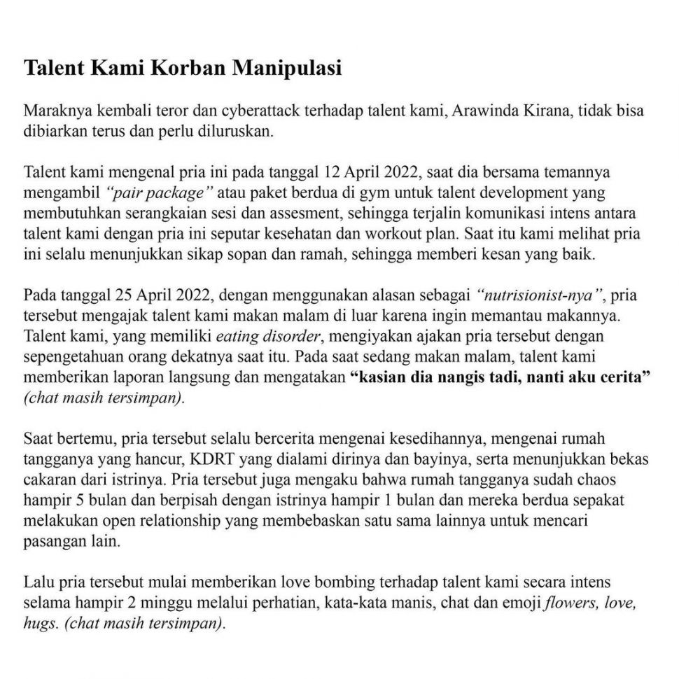 Pernyataan Kite Entertainment Terkait Kasus yang Menjerat Arawinda Kirana (Instagram Kite Entertainment)