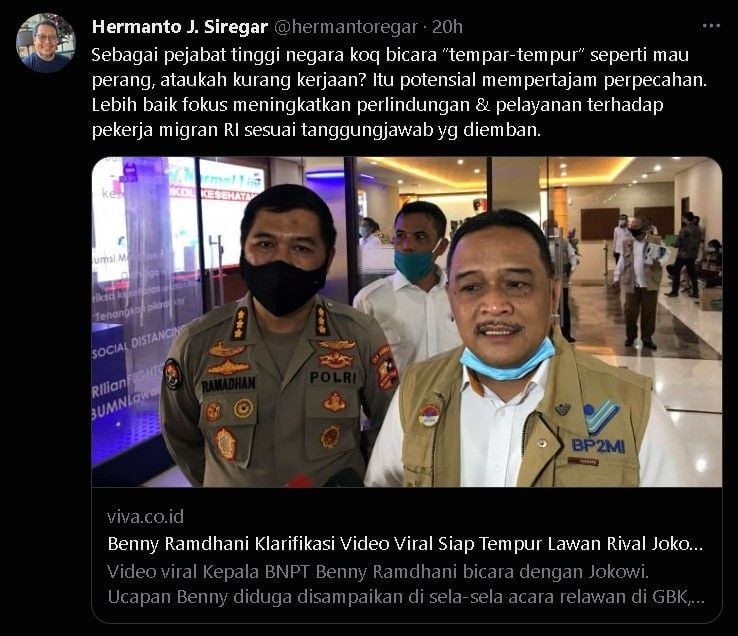 Kicauan Hermanto J Siregar soal ucapan Benny Ramdhani.(Twitter)