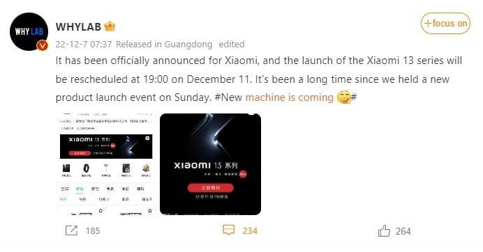 Bocoran peluncuran Xiaomi 13 Series. [Weibo]