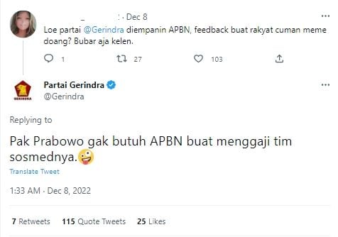 Cuitan admin partai Gerindra di Twitter dianggap blunder. (Twitter/Gerindra)