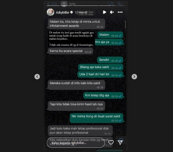 Tangkapan layar chat Lesti Kejora ke Rizky Billar [Instagram]