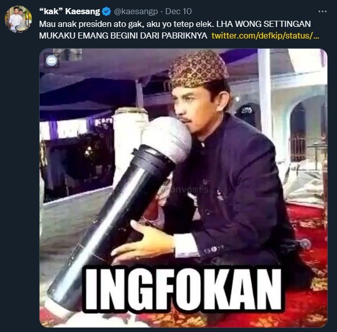 Meme pernikahan Kaesang Pangarep. (Dok. Twitter)