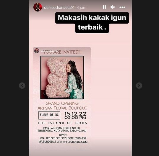 Denise Chariesta mengucapkan terima kasih kepada Ivan Gunawan yang telah membantu mempromosikan toko bunganya yang terbaru di Bali. [Instagram]