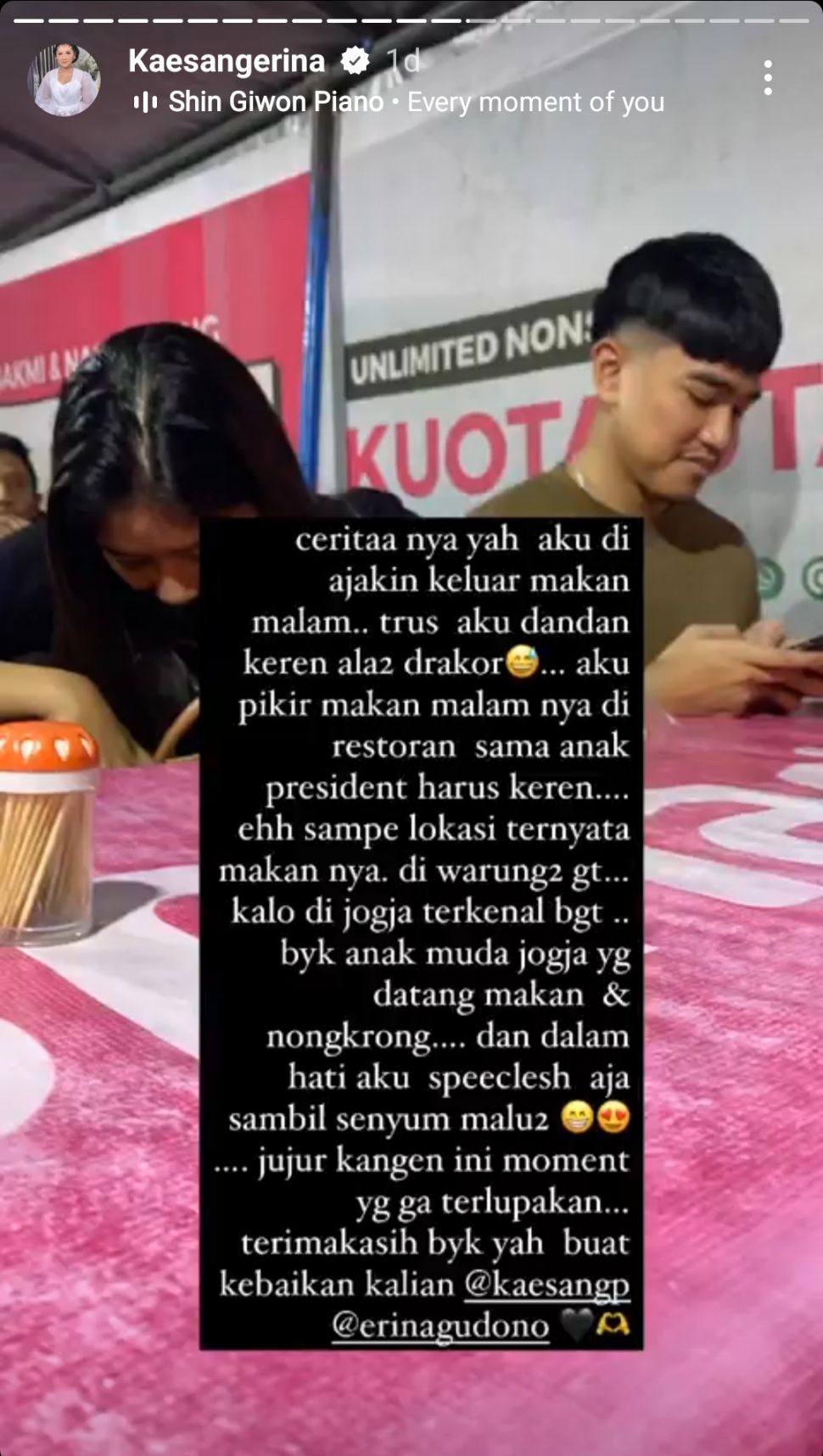 Bennu Sorumba Ceritakan Kesederhanaan Kaesang Pangarep dan Erina Gudono Makan di Kaki Lima (Instagram)