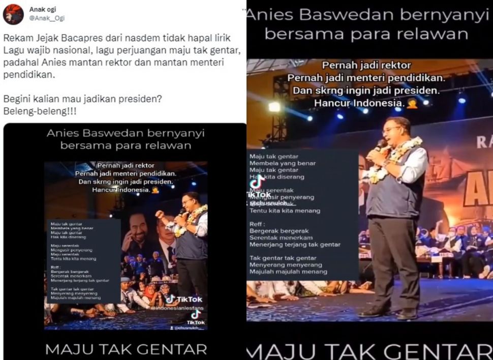 Anies diduga tak hafal 'Maju Tak Gentar' (Twitter/kolase)