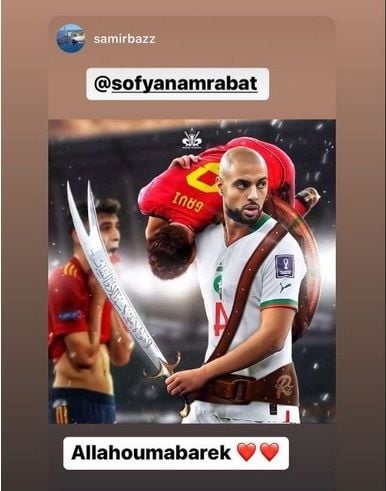 Unggan Sofyan Amrabat di media sosial usai kemenangan Maroko atas Spanyol. [Tangkapal layar Football Espana]