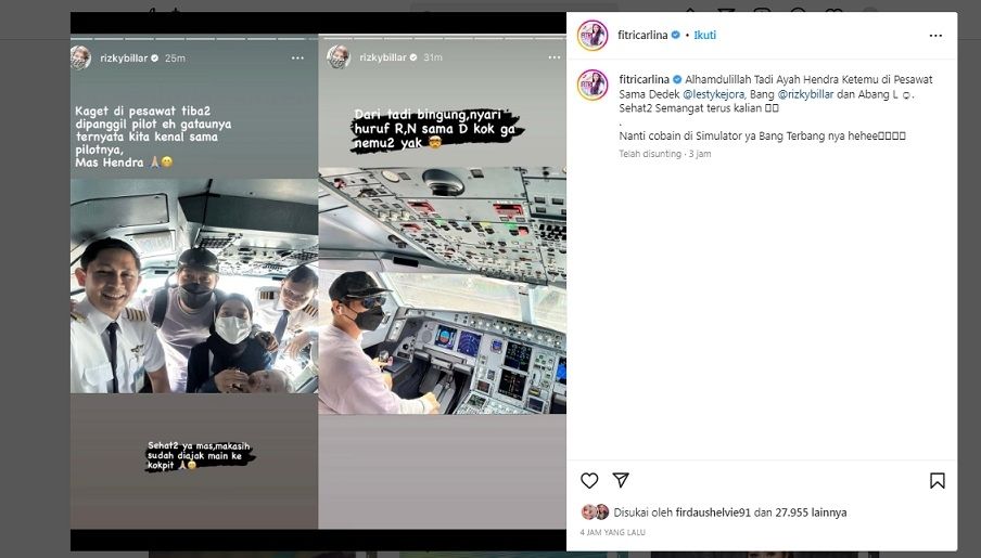 Rizky Billar dan Lesti Kejora diperlakukan spesial oleh pilot [Instagram]