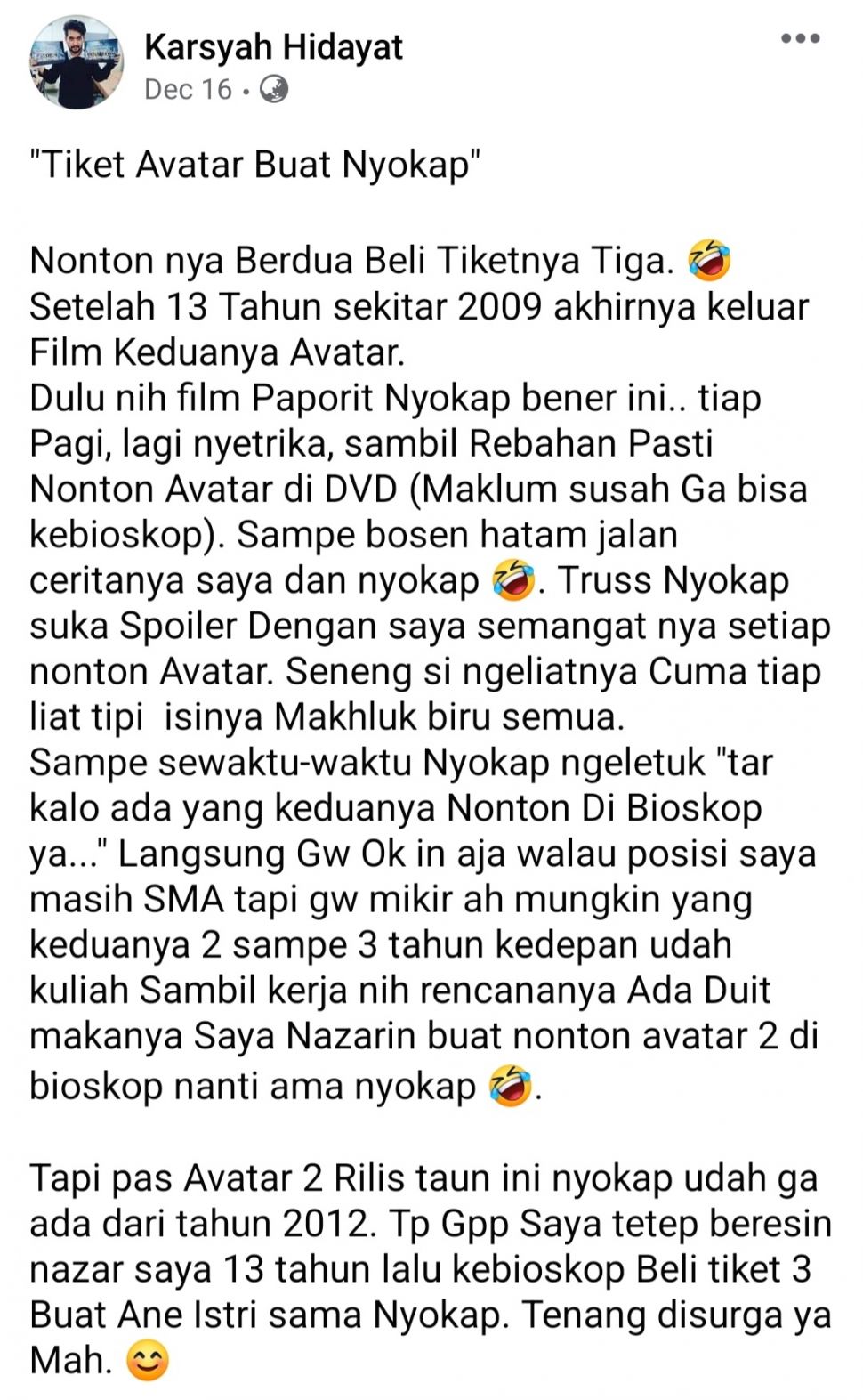 Kisah Haru Seorang Anak yang Beli 3 Tiket Film Avatar (Facebook)