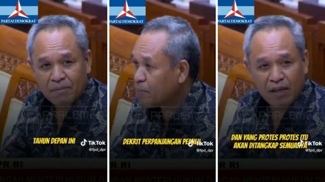 Tangkapan layar video viral Benny K Harman dari Partai Demokrat mengaitkan pengesahan UU KUHP dengan wacana penerbitan dekrit penundaan pemilu. (TikTok/@fpd_dpr)