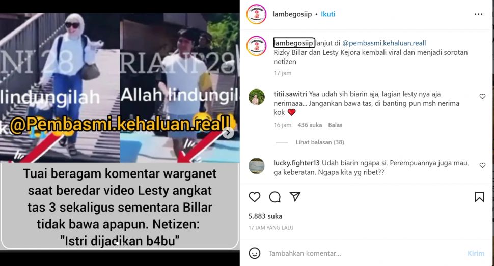 Tangkapan Layar Lesti Kejora dan Rizky Billar (Instagram/lambegosiip)