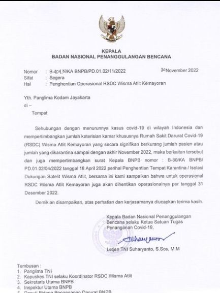 Beredar surat berisikan keputusan RSDC Wisma Atlet Kemayoran berhenti beroperasi per 31 Desember 2022. (Ist)