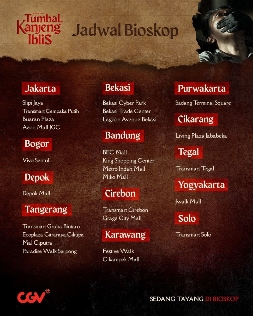 Daftar bioskop CGV yang memutar film Tumbal Kanjeng Iblis. [Visinema]