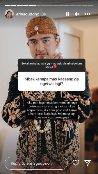 Alasan Kaesang Pangarep tidak pernah ngetiwt lagi. (Dok: Instagram/ErinaGudono)