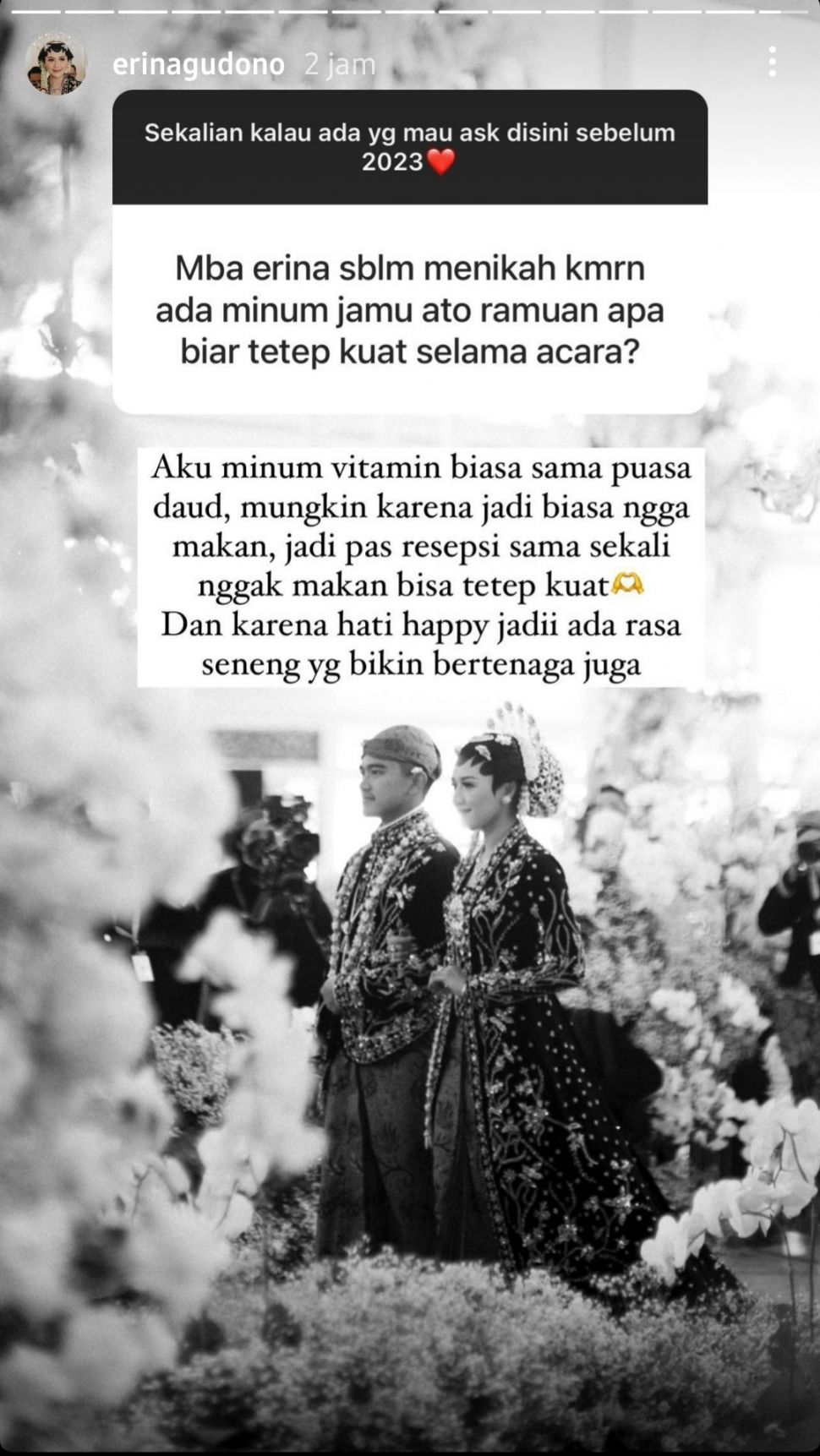 Erina Gudono Ungkap Rahasia Kuat Berdiri Seharian Saat Pernikahan: Puasa Daud. (Dok: Instagram/Erinagudono)