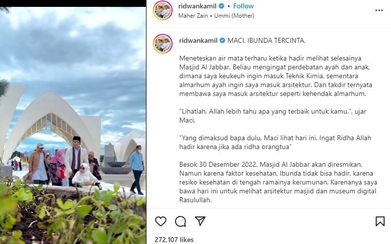 Diajak Lihat Masjid Al Jabbar, Ibunda Ridwan Kamil Terharu (Instagram/ridwankamil)