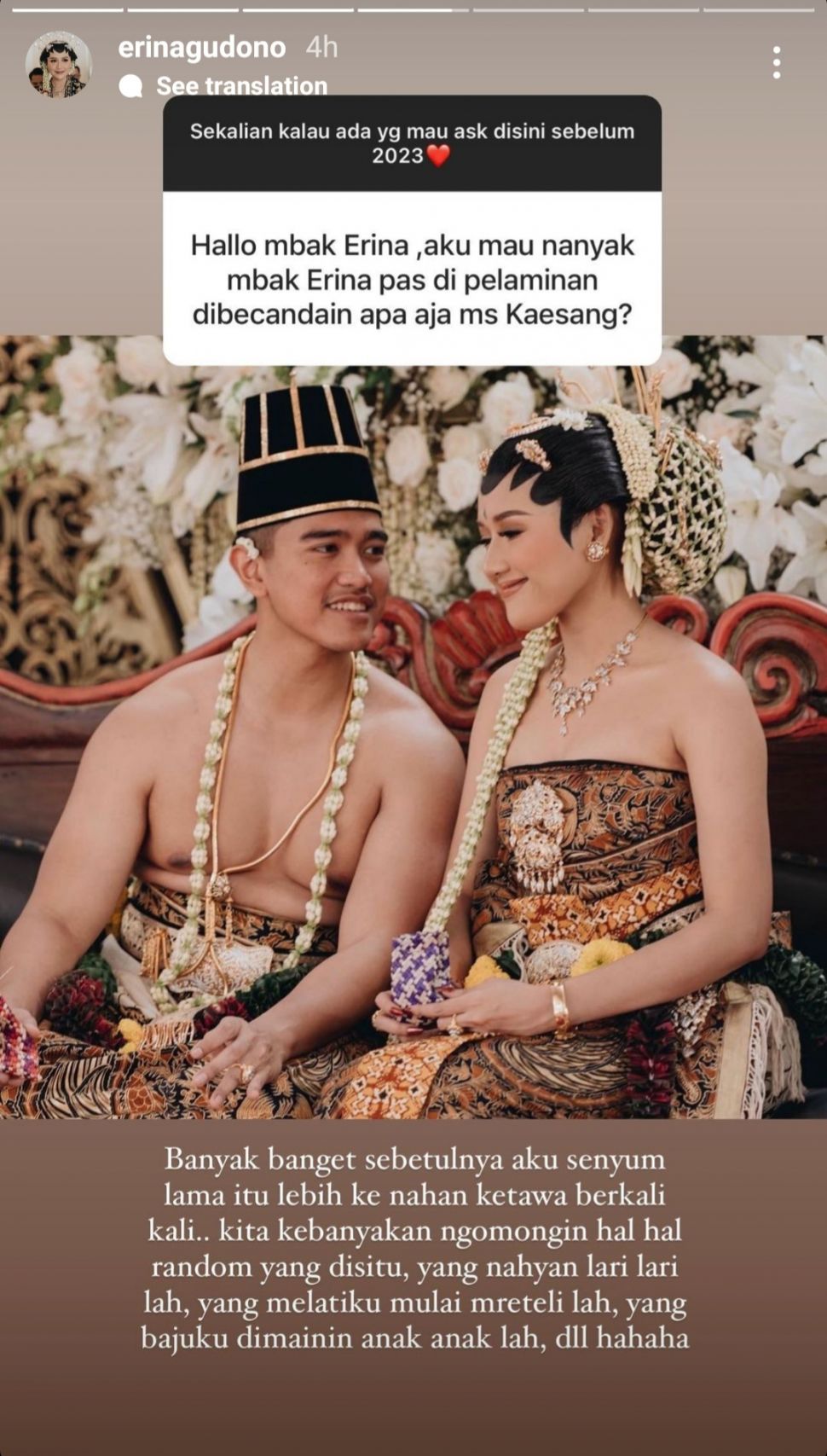 Erina Gudono ungkap penyebab tertawa di pelaminan bersama Kaesang Pangarep. (Dok. Instagram)