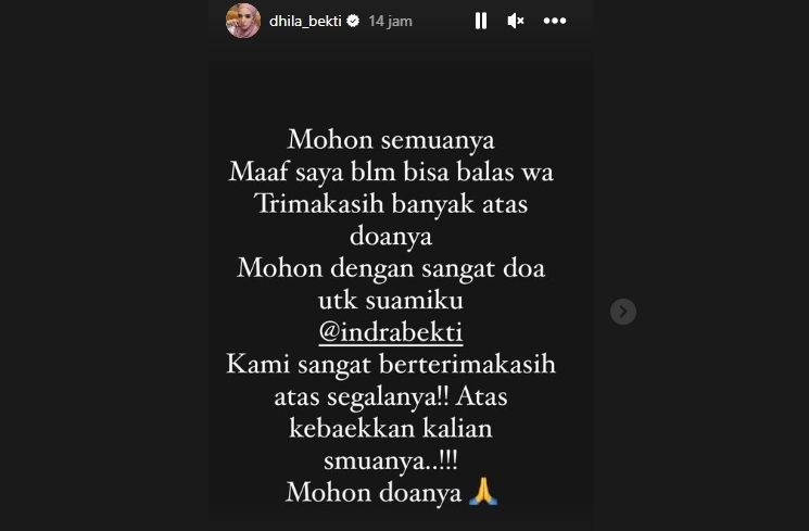 Postingan Aldila Jelita Doakan Indra Bekti (Instagram/@dhila_bekti)